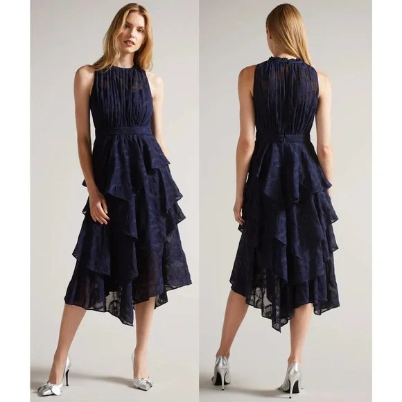 floryah embroidered midi dress with tiered skirt